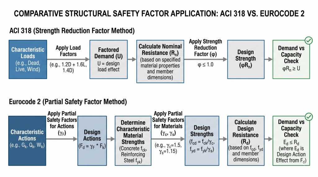 ACI 318 and Eurocode 2 safety factor workflow