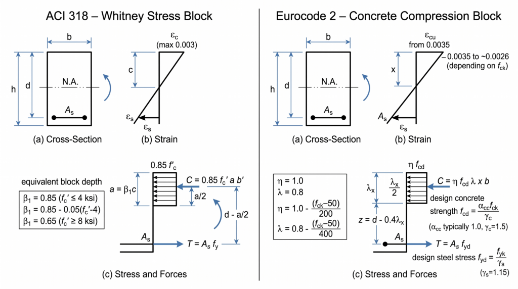 ACI Whitney stress block vs Eurocode 2 concrete stress block