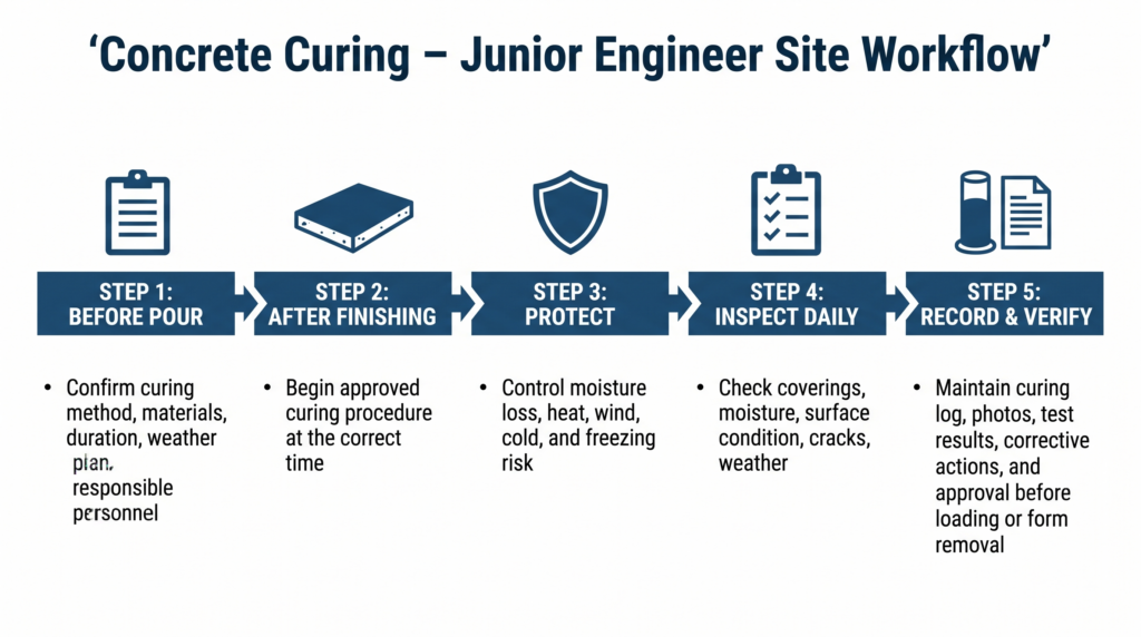 Concrete curing site workflow for junior engineers