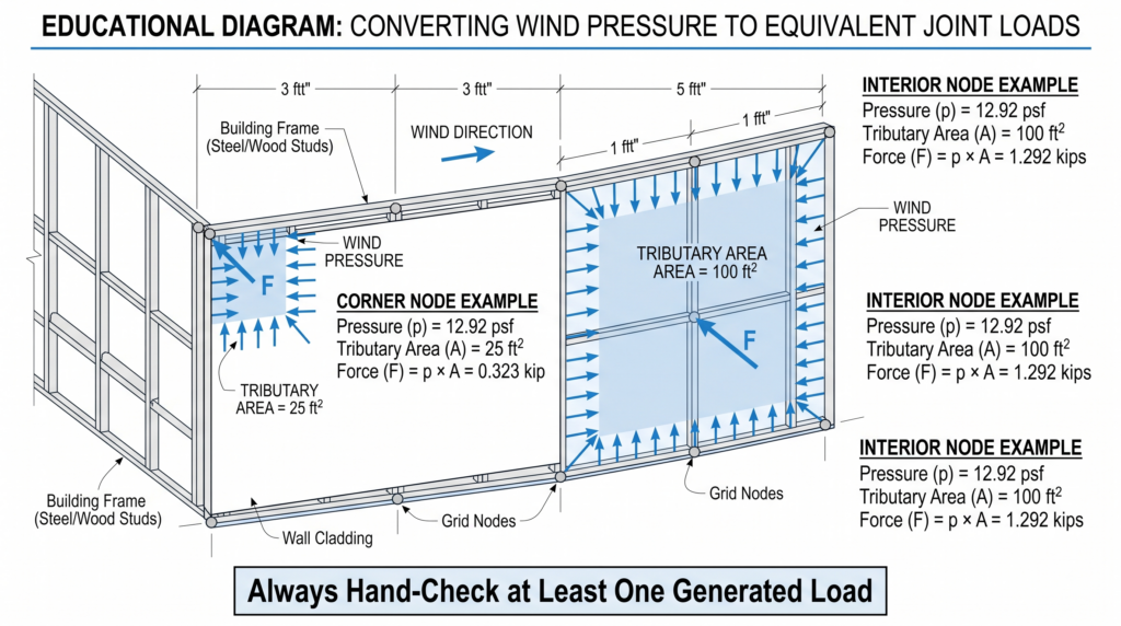 STAAD Pro wind load tributary area hand calculation