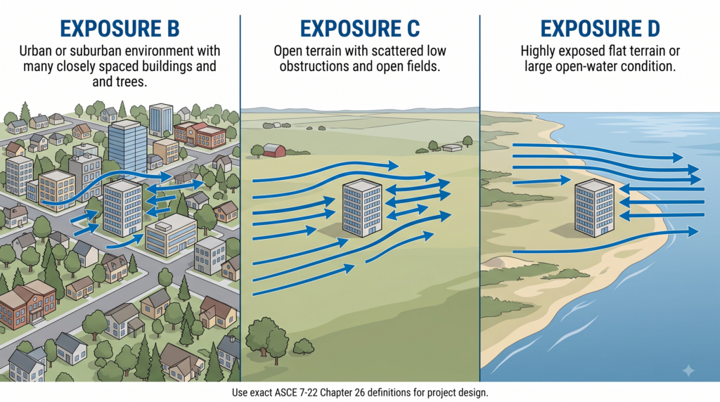 ASCE 7-22 wind exposure categories B C and D