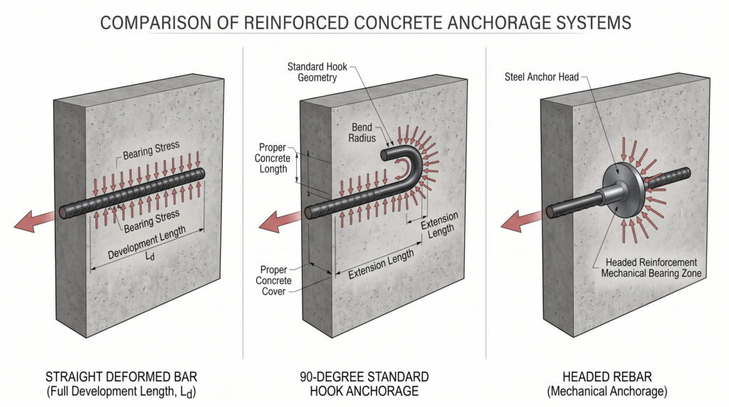 Straight hooked and mechanical rebar anchorage methods