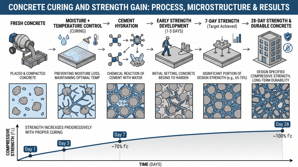 Concrete curing and strength gain timeline for site engineers