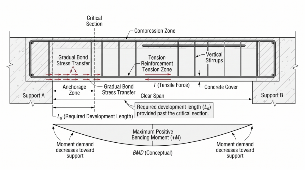 Rebar development length at reinforced concrete beam support
