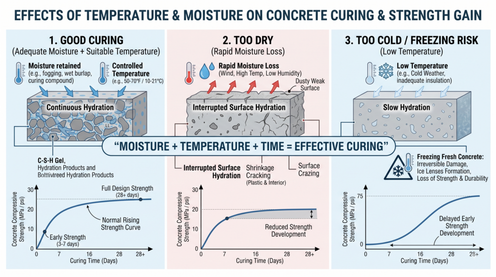 Concrete strength gain during curing with moisture and temperature control