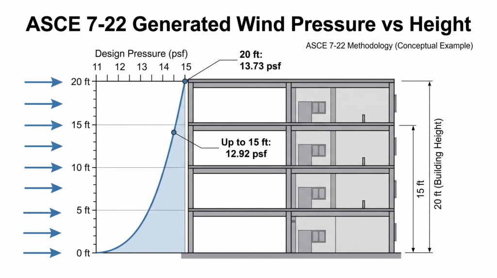 ASCE 7-22 wind pressure profile generated in STAAD Pro