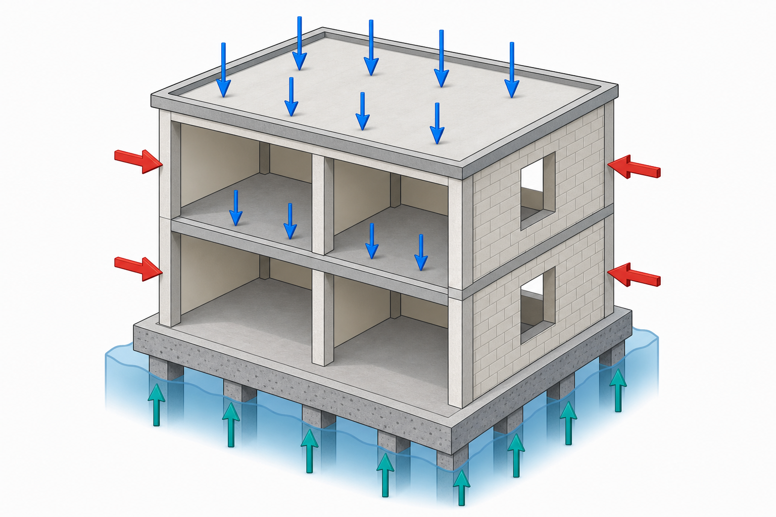 Isometric illustration of a two‑storey building with colored arrows indicating vertical gravity loads, lateral wind and seismic loads, and upward flood/buoyancy arrows acting on the structure.