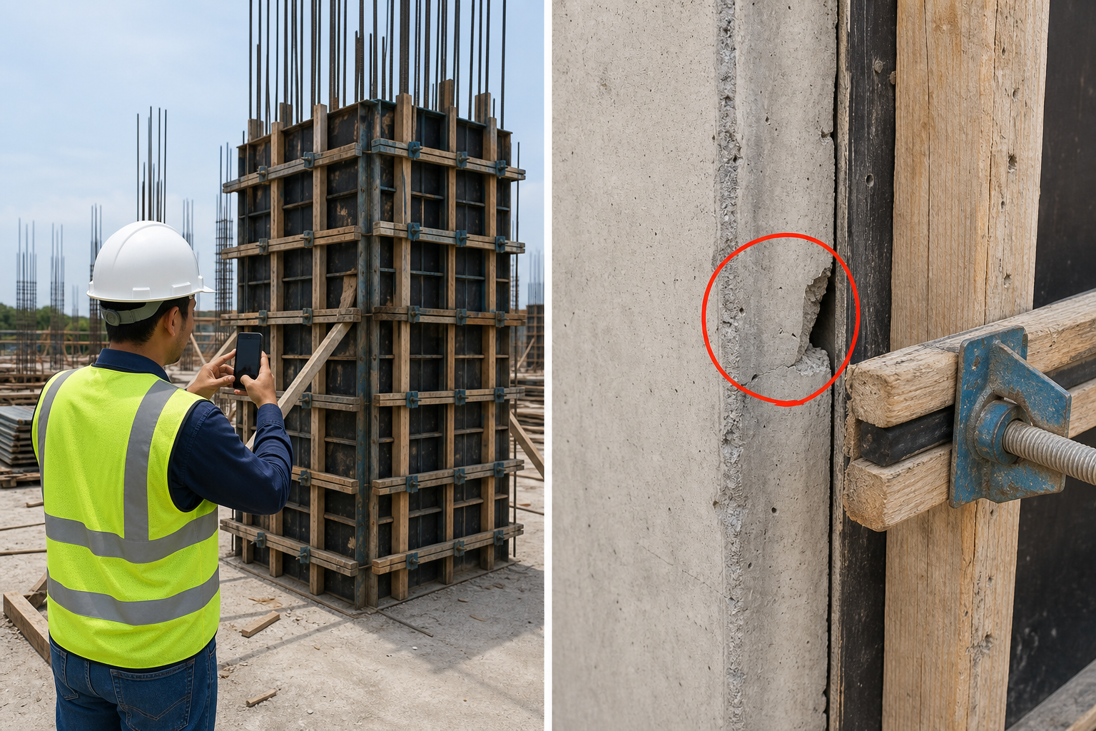 Two-panel educational illustration: left shows a wide context of the site and engineer; right shows a close-up of the structural detail with a hand circle indicating the issue.