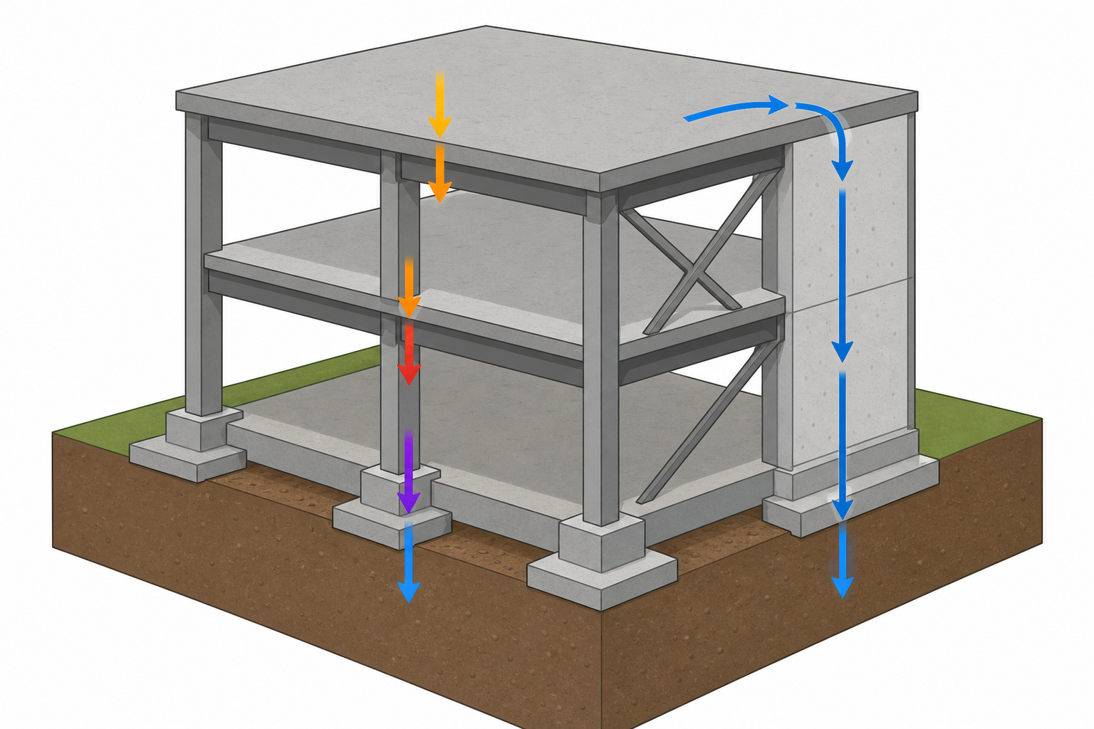 Isometric cutaway of a small building showing colored arrows tracing gravity and lateral load paths from slab and roof down to foundations and soil.